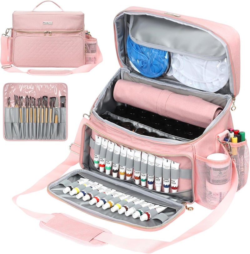 POCDUORG Store Acrylic Paint and Brush Set Organizer Bag - Carrying Case Compatible with Apple Barrel, Shuttle Art, Caliart Art Supplies - Includes Detachable Paint Brush Holder - for Home/Travel/Outdoor (Pro Pink) - Image 1